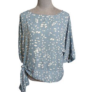 She + Sky Womens Medium Top Blue Side Tie 3/4 Cuff Sleeve Boat Neck Blouse